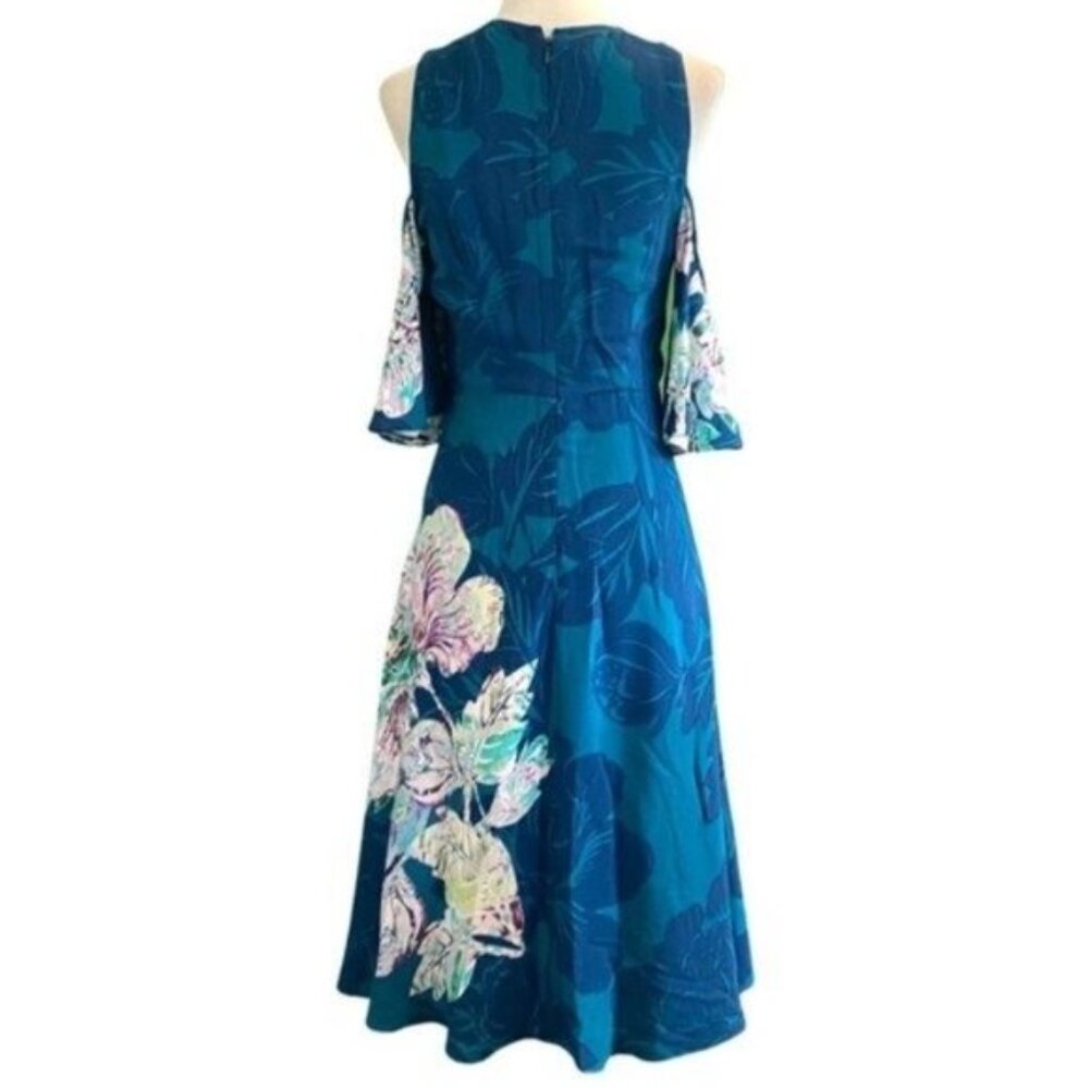 Anthropologie Maeve Elia  Flutter Sleeve Cold Shoulder Green Floral Dress Size 6 - Picture 5 of 8
